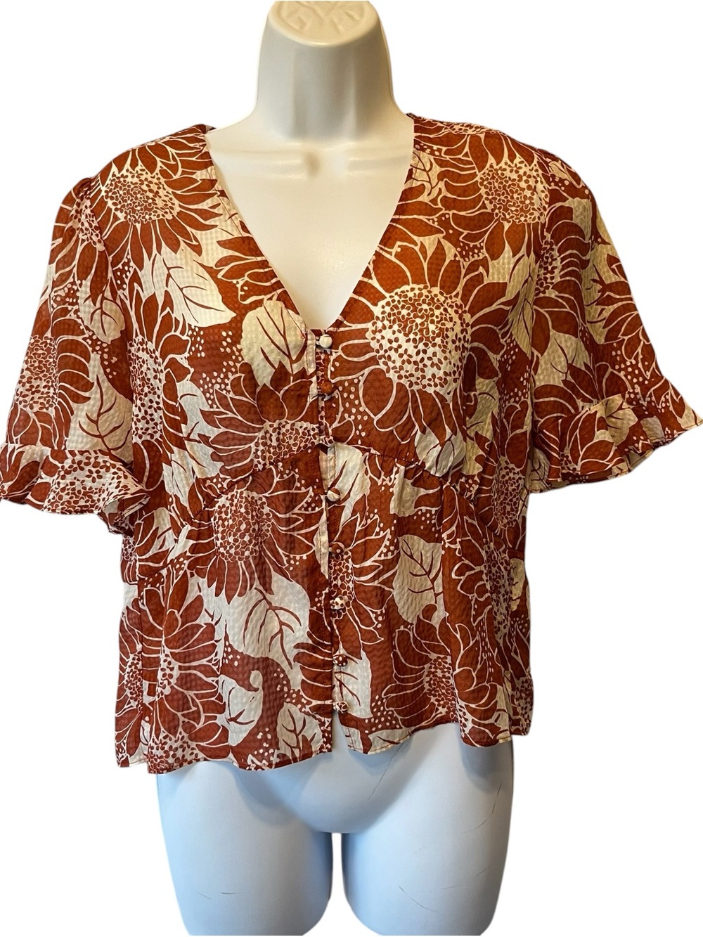 Madewell 100% Silk blouse XS Sz 2 Rust orange Floral Womens top Semi sheer